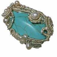 Ring mit Türkis und Perlen weiß handgemacht in wirework silberfarben türkisgrün verstellbar boho chic Bild 5