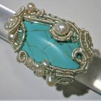 Ring mit Türkis und Perlen weiß handgemacht in wirework silberfarben türkisgrün verstellbar boho chic Bild 6
