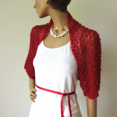 Dunkelroter Shrug aus Mohair, Schulterwärmer Ärmelbolero bordeaux rot, Selenwärmer mit Lace Muster, leicht und zart