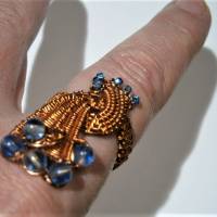 Ring handgewebt kupferfarben rotbraun mit Quarz blau handmade verstellbar Daumenring boho Schmuck Bild 8