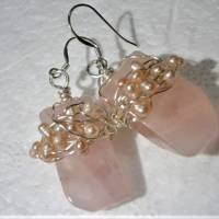 Ohrringe Rosenquarz pastell Rechteck groß rosa mit Perlen rosé handgemacht silberfarben Bild 3