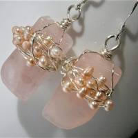 Ohrringe Rosenquarz pastell Rechteck groß rosa mit Perlen rosé handgemacht silberfarben Bild 4