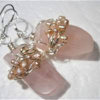 Ohrringe Rosenquarz pastell Rechteck groß rosa mit Perlen rosé handgemacht silberfarben Bild 6