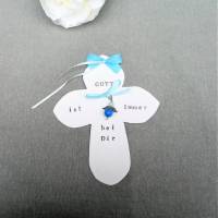 Schutzengel Karte Kreuz, blau, Geschenk zur Geburt Taufe Kommunion Konfirmation, personalisierbar Bild 2