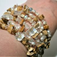 Armband Jaspis braun beige Perlen weiß irisierendes Glas 6-reihig funkelnd handgemacht Spiralarmband Bild 5