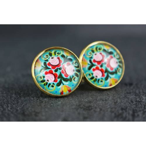 Ohrstecker mit Blumen, Folklore, türkis und rosa, floral, Ohrringe, boho