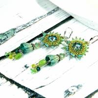 grün, blaue bohemian keramikblüten ohrringe, lässige boho hippie ohrhänger, geschenk, beadwork ohrringe Bild 4