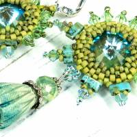 grün, blaue bohemian keramikblüten ohrringe, lässige boho hippie ohrhänger, geschenk, beadwork ohrringe Bild 6