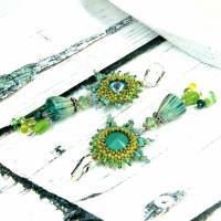 grün, blaue bohemian keramikblüten ohrringe, lässige boho hippie ohrhänger, geschenk, beadwork ohrringe Bild 8