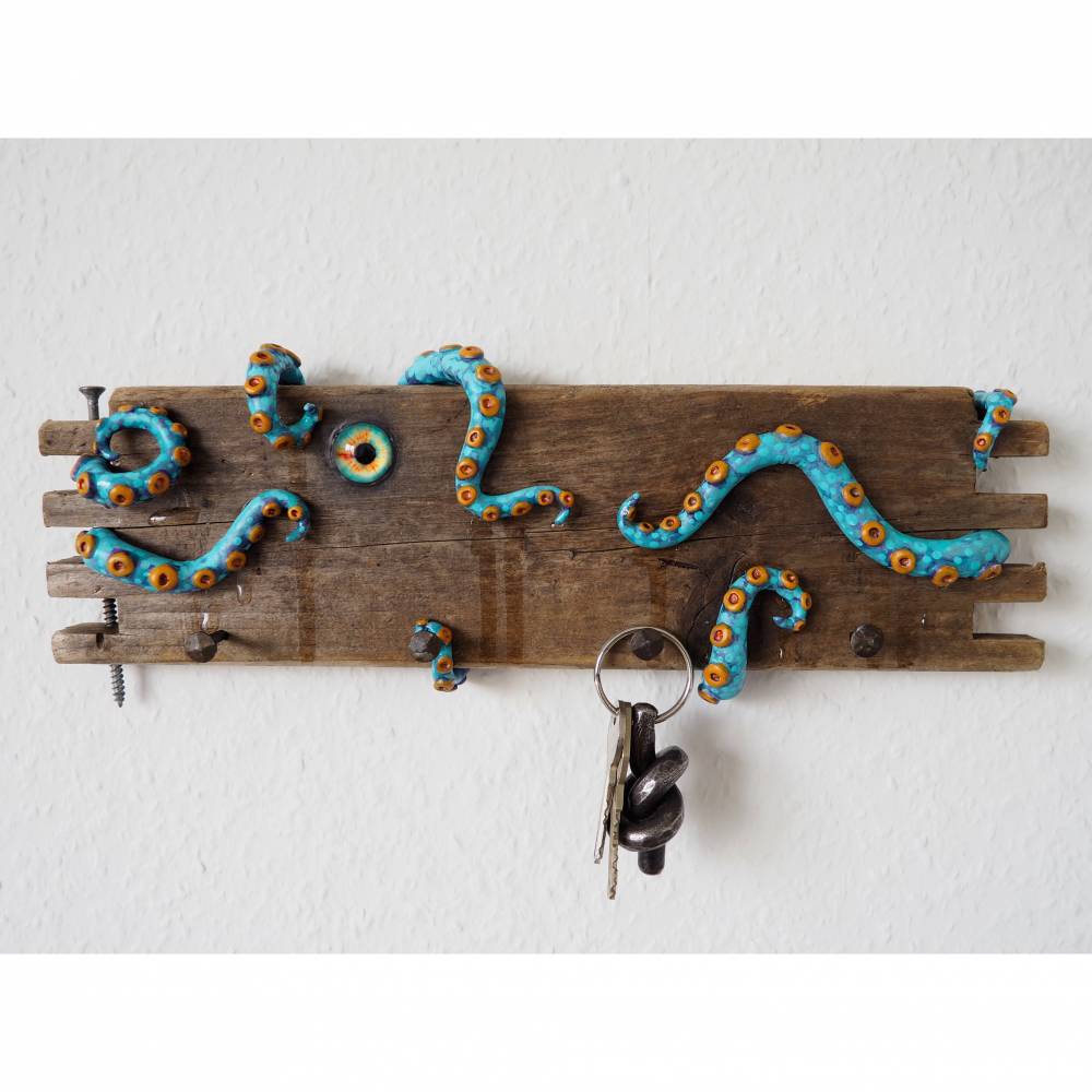 Oktopus Schlüsselbrett, Schlüssel, Tintenfisch, Aufbewahrung, Upcycling, Teibholz, Schlüssel Bild 1