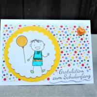 Karte zur Einschulung, Glückwunsch Karte zur Einschulung, Junge mit  Luftballon Bild 1