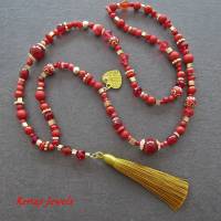 Bettelkette Kette lang rot goldfarben mit Quasten Anhänger Perlenkette Bohokette Ethno Kette Bild 1