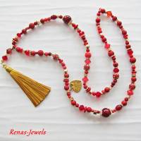Bettelkette Kette lang rot goldfarben mit Quasten Anhänger Perlenkette Bohokette Ethno Kette Bild 3