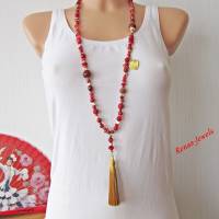 Bettelkette Kette lang rot goldfarben mit Quasten Anhänger Perlenkette Bohokette Ethno Kette Bild 4