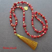 Bettelkette Kette lang rot goldfarben mit Quasten Anhänger Perlenkette Bohokette Ethno Kette Bild 5