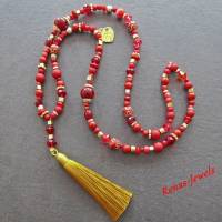 Bettelkette Kette lang rot goldfarben mit Quasten Anhänger Perlenkette Bohokette Ethno Kette Bild 6