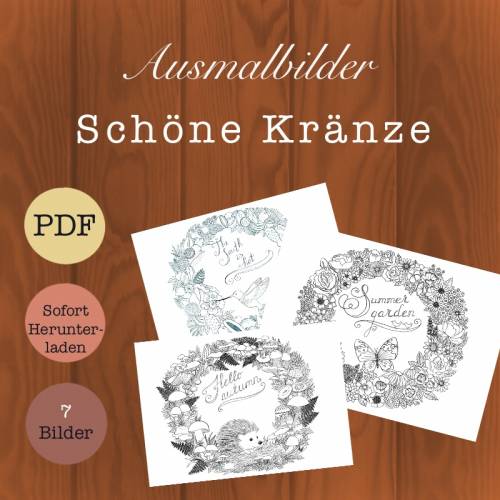 Ausmalbilder zum Herunterladen, Schöne Kränze mit Pflanzen und Tieren