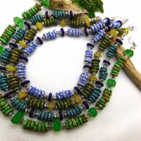 Halskette - afrikanische handgemachte Krobo-Glas-Rondelle - Recycled Beads - grün, gelb, silber - 46 cm Bild 5