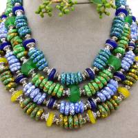 Halskette - afrikanische handgemachte Krobo-Glas-Rondelle - Recycled Beads - grün, gelb, silber - 46 cm Bild 6