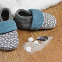 Babyschuhe aus Leder, Wölkchen grau/ hellblau Bild 1