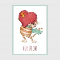 Postkarte: Für Dich, Geschenk, Liebe, Katze mit Herz · A6 · Aquarell, Buntstift, klimaneutraler Druck Bild 1