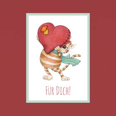 Postkarte: Für Dich, Geschenk, Liebe, Katze mit Herz · A6 · Aquarell, Buntstift, klimaneutraler Druck