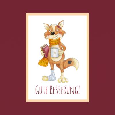 Postkarte: Gute Besserung, Krankheit, Unfall, kranker Fuchs · A6 · Aquarell, Buntstift, klimaneutraler Druck