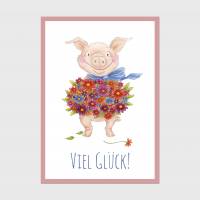 Postkarte: Viel Glück, Prüfung, Schweinchen mit Blumen · A6 · Aquarell, Buntstift, klimaneutraler Druck Bild 1