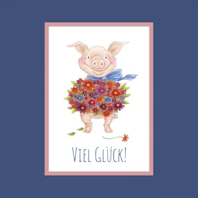 Postkarte: Viel Glück, Prüfung, Schweinchen mit Blumen · A6 · Aquarell, Buntstift, klimaneutraler Druck