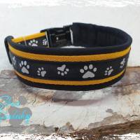 Hundehalsband Schwarz-Gelb mit Pfötchen und Klickverschluß – verstellbar Bild 1