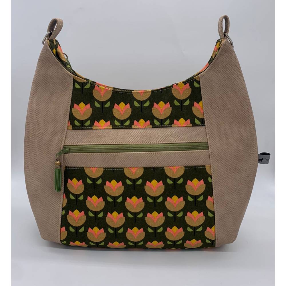 Hobo-Bag, Handtasche, Umhängetasche Tulpen retro grün/braun/beige, Handarbeit Bild 1