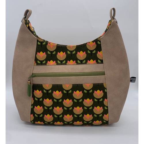 Hobo-Bag, Handtasche, Umhängetasche Tulpen retro grün/braun/beige, Handarbeit