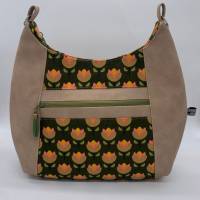 Hobo-Bag, Handtasche, Umhängetasche Tulpen retro grün/braun/beige, Handarbeit Bild 1