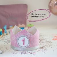 Geburtstagskrone aus Baumwolle, rosa  silber, wieder verwendbare Kinderkrone, Krone Zahlen 1-6,Personalisierte Geburtsta Bild 1