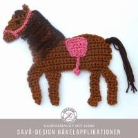 Pferd Häkelapplikation , Applikation Brauner zum Aufnähen für Kinder, braunes Pony für Schultüte, Sattel in Wunschfar Bild 1