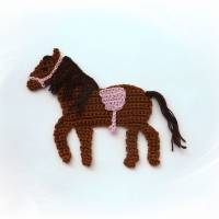 Pferd Häkelapplikation , Applikation Brauner zum Aufnähen für Kinder, braunes Pony für Schultüte, Sattel in Wunschfar Bild 5