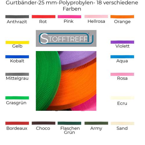 Gurtbänder-25 mm-50 cm-Polyprobylen-18 verschiedene Farben-Meterware