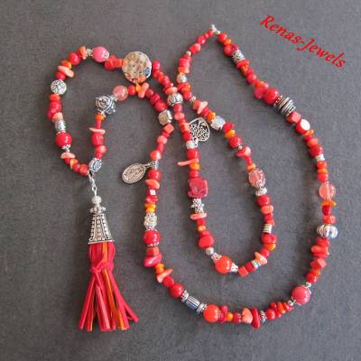 Edelsteinkette lang Bettelkette rot orange Koralle Marmor Jade Kirschquarz Rhodonit Edelstein Kette Quaste Anhänger
