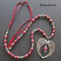 Bettelkette lang rot silberfarben Flügel Anhänger Kette Flügelkette Perlenkette Bild 1