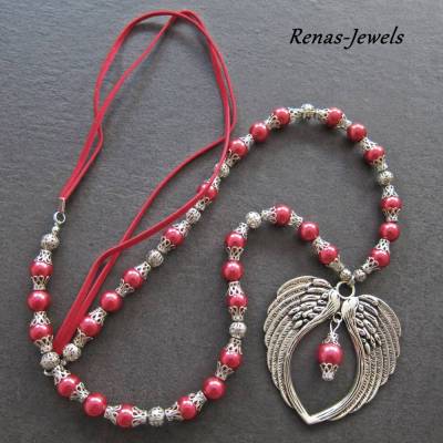 Lange Bettelkette Rot Silberfarben – Flügel Anhänger & Perlenkette mit Glaswachsperlen
