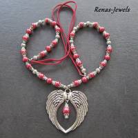 Bettelkette lang rot silberfarben Flügel Anhänger Kette Flügelkette Perlenkette Bild 7