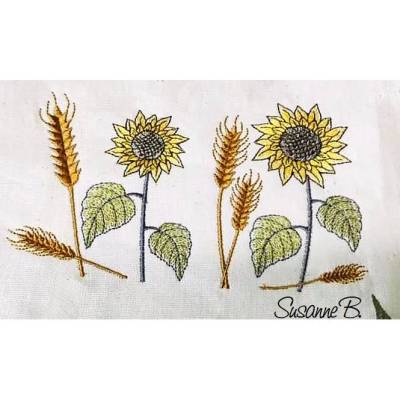 * Edle Sonnenblumen mit Ähren *  Doodle Stickdatei - farbig und Redwork, je 4 Größen, 15 Dateien