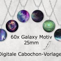 60 verschiedene Galaxy Cabochon Motiv Vorlagen rund 25mm auf DinA4 zum Selbermachen Digitaler Download Bild 1