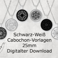 Schwarz Weiß Mochochrom Cabochon Motiv Vorlagen rund 25mm auf DinA4 zum Selbermachen Digitaler Download Bild 1