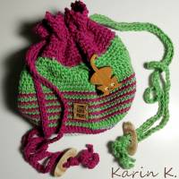 Häkel- Bag Hippie- Tasche mit Katzen- Brosche Fuchsia Gelbgrün gehäkelt Lana Grossa Bild 1