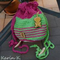 Häkel- Bag Hippie- Tasche mit Katzen- Brosche Fuchsia Gelbgrün gehäkelt Lana Grossa Bild 2