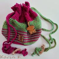 Häkel- Bag Hippie- Tasche mit Katzen- Brosche Fuchsia Gelbgrün gehäkelt Lana Grossa Bild 4