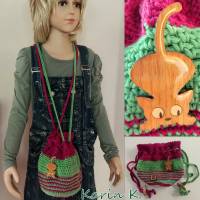 Häkel- Bag Hippie- Tasche mit Katzen- Brosche Fuchsia Gelbgrün gehäkelt Lana Grossa Bild 6
