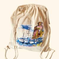 Baumwoll-Rucksack, bestickt mit einem dekorativen Motiv zum Thema -  Am Meer, Boote im Hafen, Urlaubsstickerei Bild 3