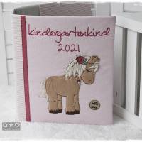Kindergartenordner-Portfolio-Ordnerhülle rosa/weiß mit Boho-Pferd, personalisierbar Bild 1
